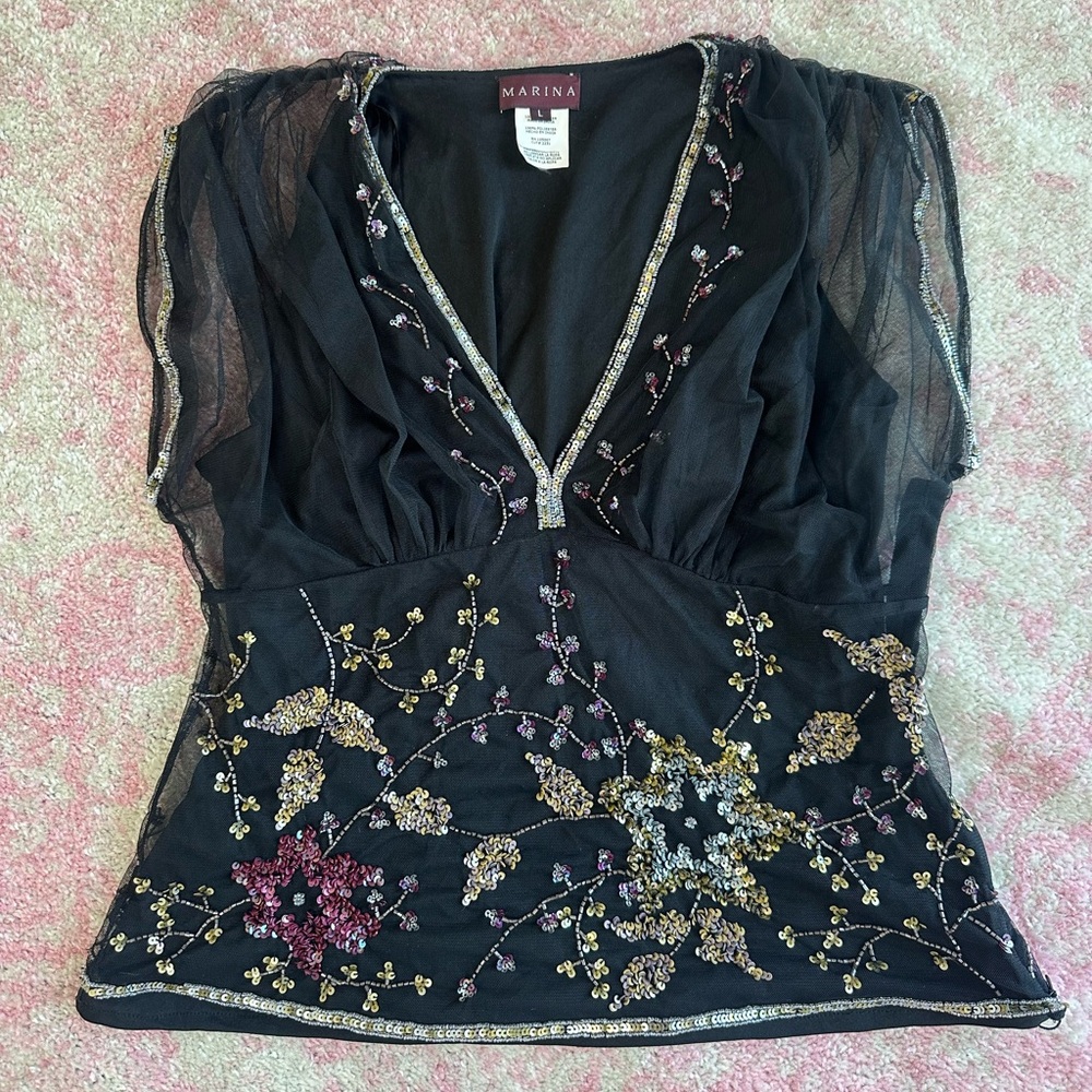 SOLD Marina Black Floral Sequin & Beaded Embroidered Women's Top